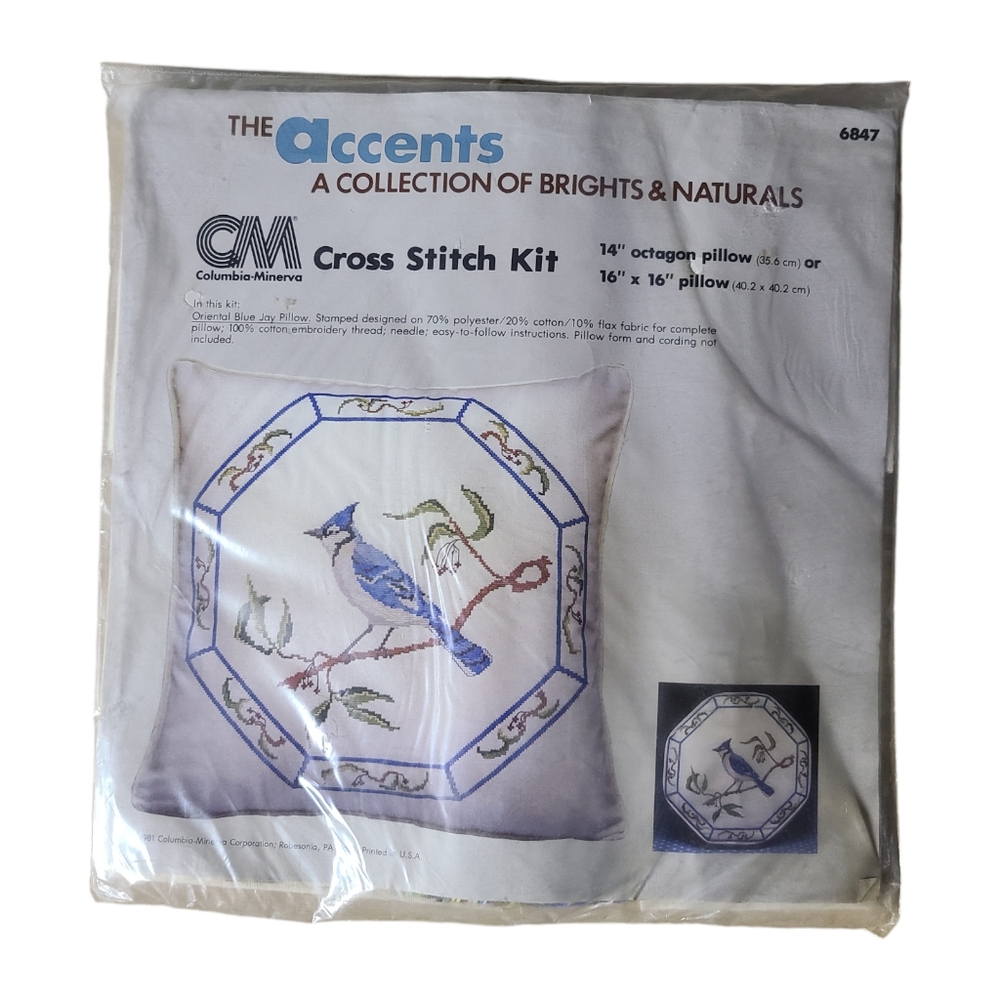Columbia-Minerva Cross Stitch Kit Oriental Blue Jay Bird Pillow Brand New